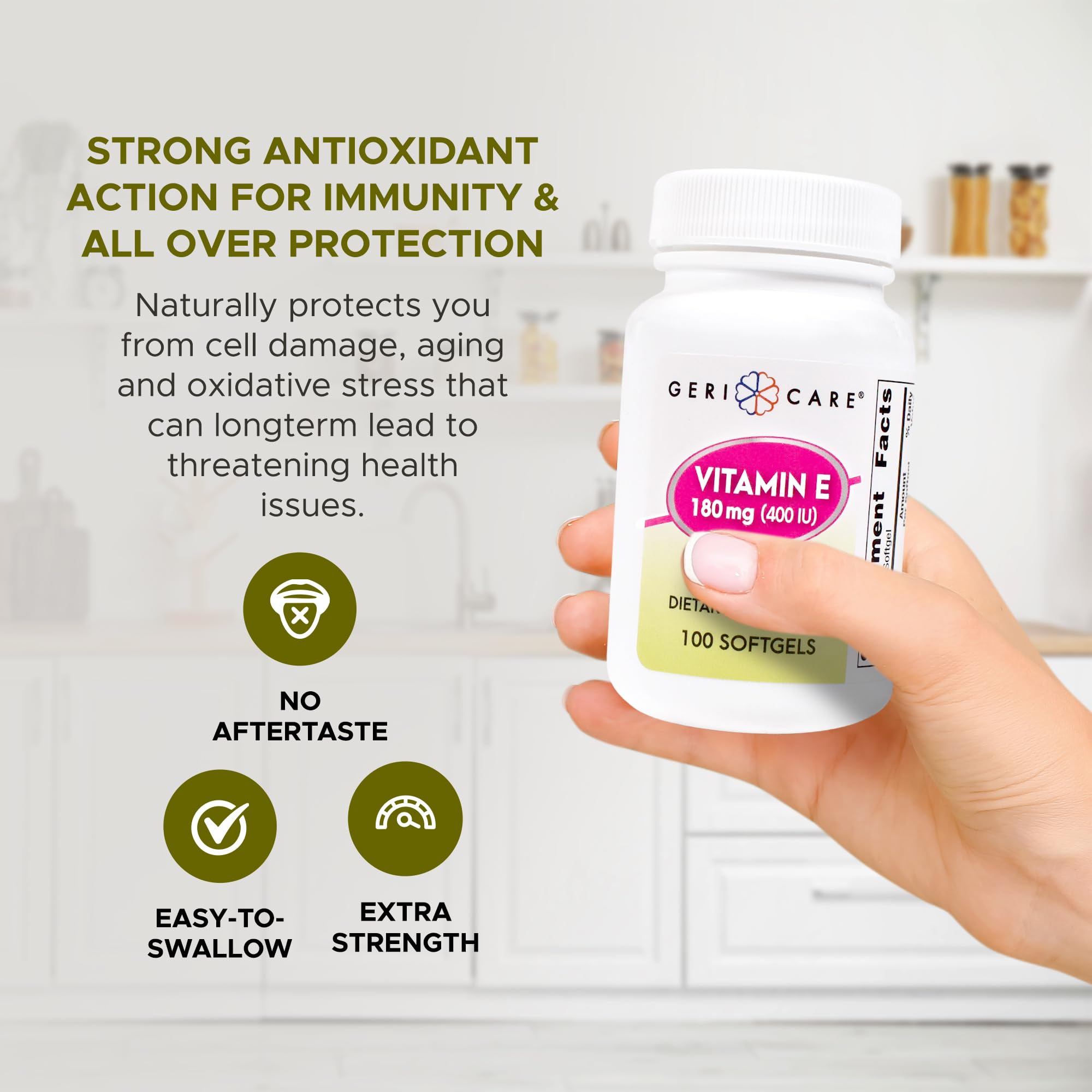 GeriCare High-Potency Vitamin E Capsules – 400 IU for Skin & Immune Support, 180mg | 100 Count | Organic Vitamin E for Women and Men — Amazon image 4