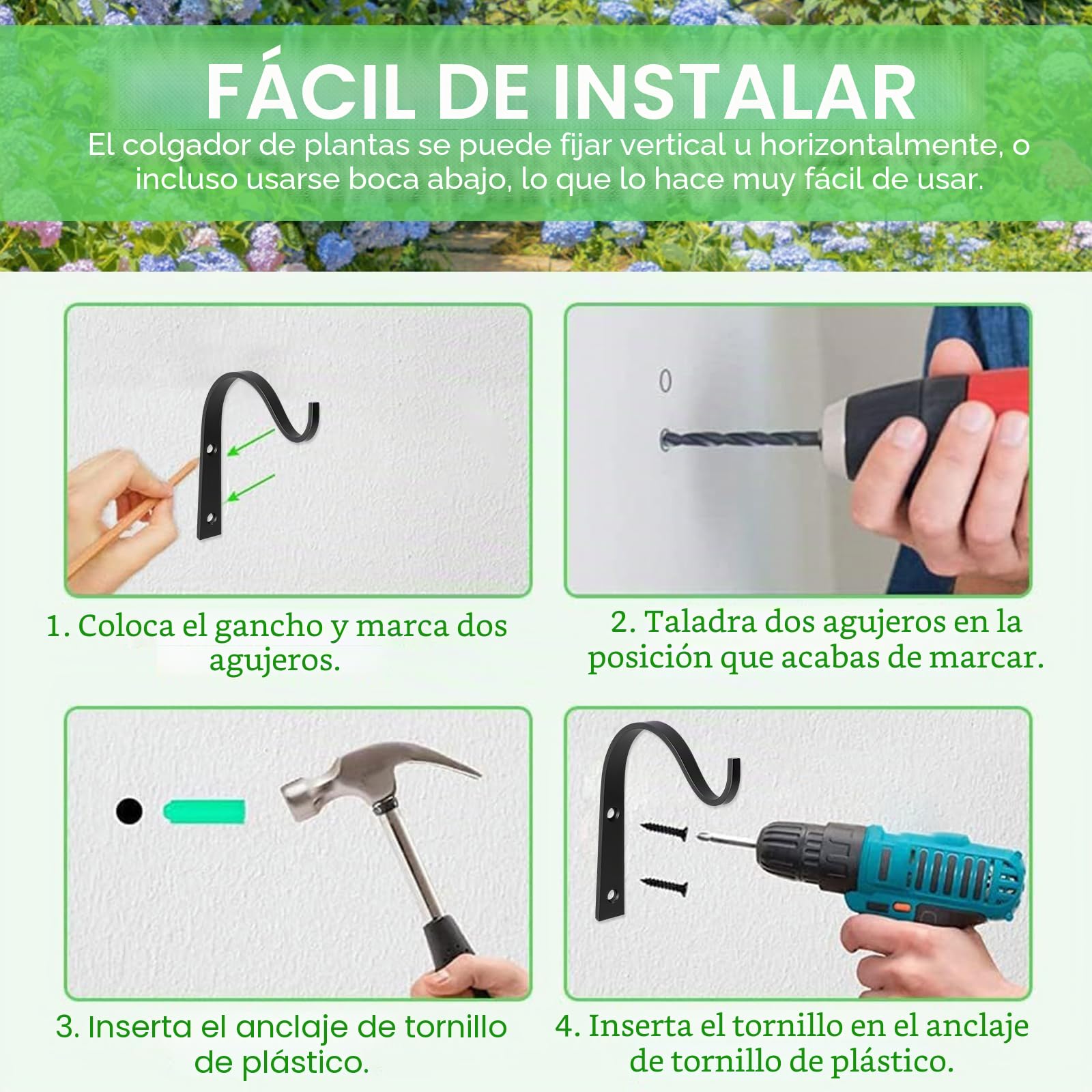 4 Piezas Gancho de Planta para Colgar en la Pared, Maceta Gancho Linterna, Ganchos Colgantes de Metal para Jardín, para Colgar plantas, Linternas, Comederos de Pájaros