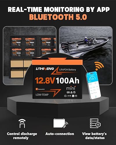 Miniatura 4 de Batería LiFePO4 de 12 V 100 Ah con Bluetooth, mini batería de litio integrada BMS de 100 A con protección a baja temperatura, hasta 15000 ciclos