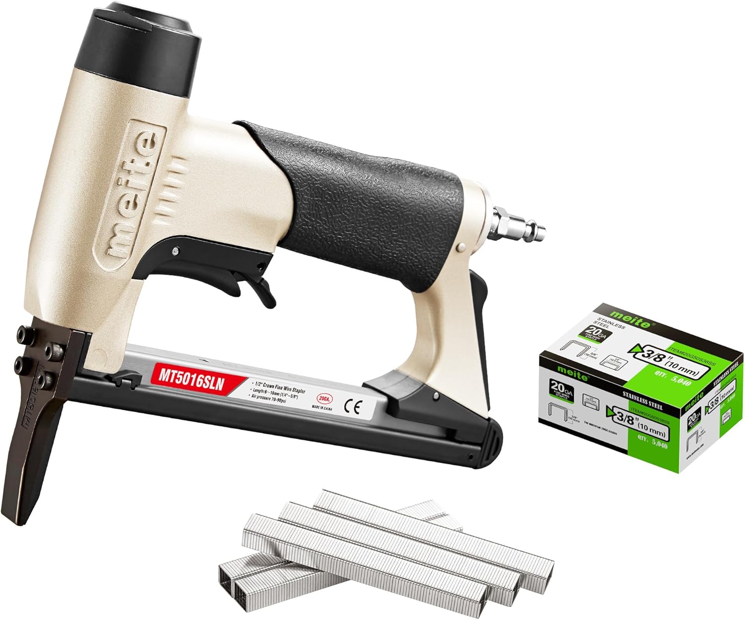meite MT5016SLN Stapler with 3/8" Length Staples in Stainless Steel for Upholstery