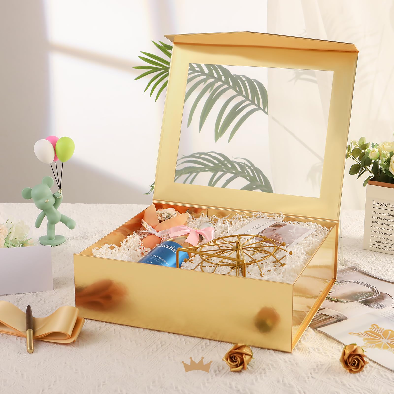 PACKQUEEN 5 extra große goldene Geschenkboxen mit Fenster, 41 x 36 x 12 cm, transparente Geschenkboxen für Geschenke enthalten Bänder, Karten, Brautjungfernantragsboxen mit magnetischen Deckeln