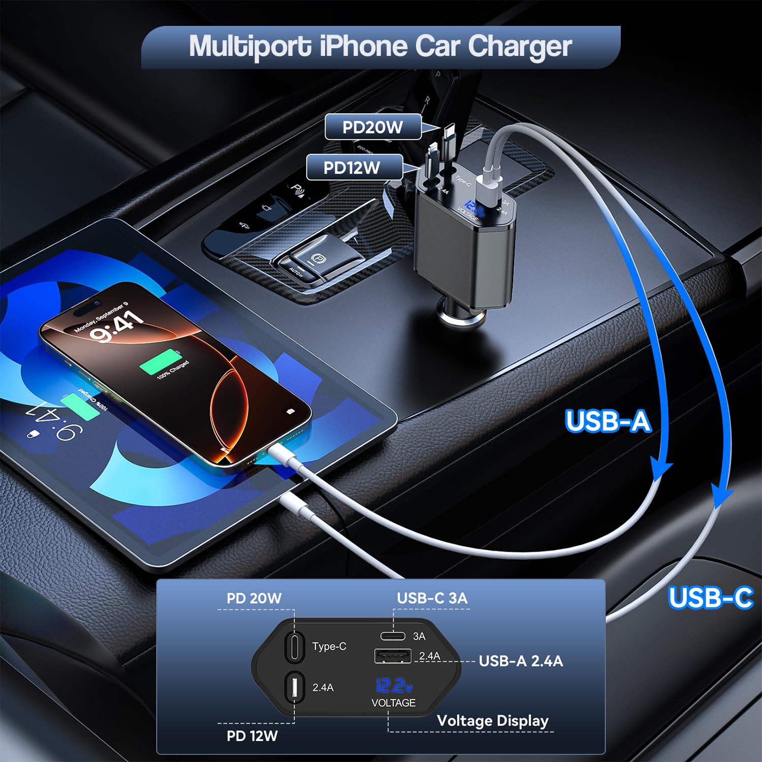 Cargador retráctil de coche para iPhone, cargador de coche 4 en 1 de 66 W, carga rápida, 2 cables retráctiles (PD y Lightning) y 2 puertos (USB C y USB A) para Apple Car Charging Cigarette Adapter