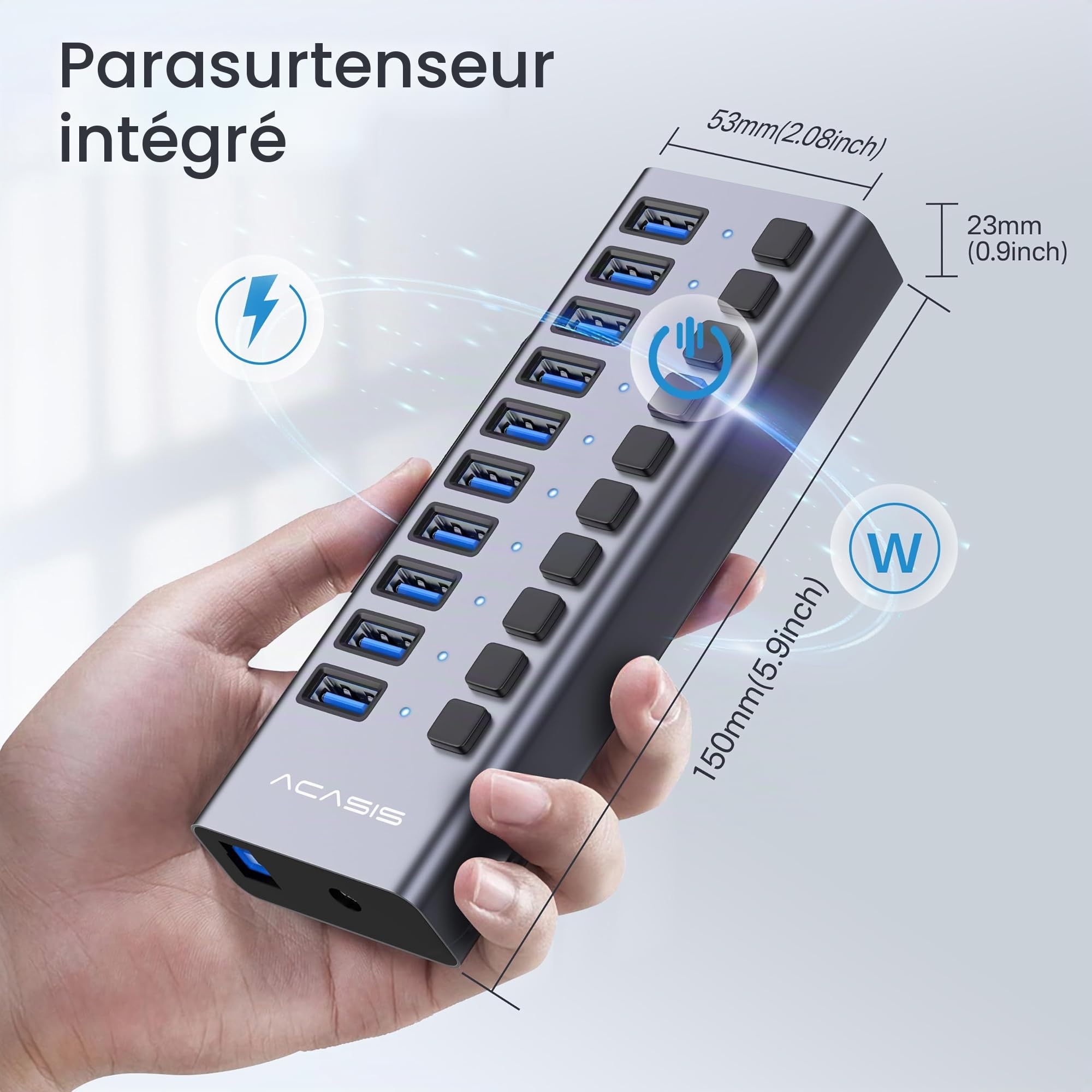 ACASIS Hub USB 3.2 10 Ports, 10Gbps avec Interrupteurs Individuels, 48W Alimentation