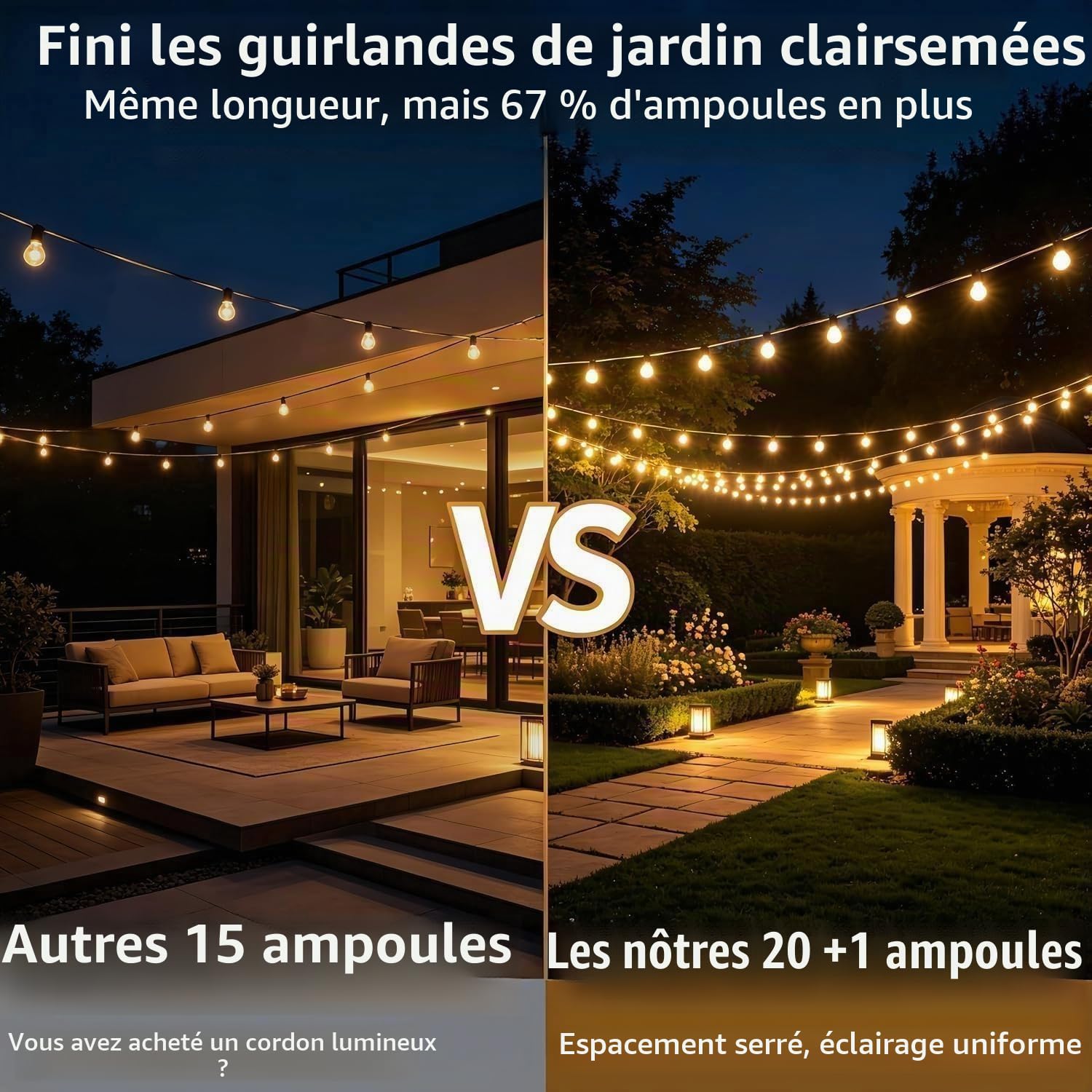 Guirlande Lumineuse Exterieure Solaire 15M, 21 Ampoules Incassables | étanche Guirlande Guinguette, Chargement Solaire ou USB, 3 Modes idéale pour Jardins, Terrasses, Pavillons, Balcons, Cafés
