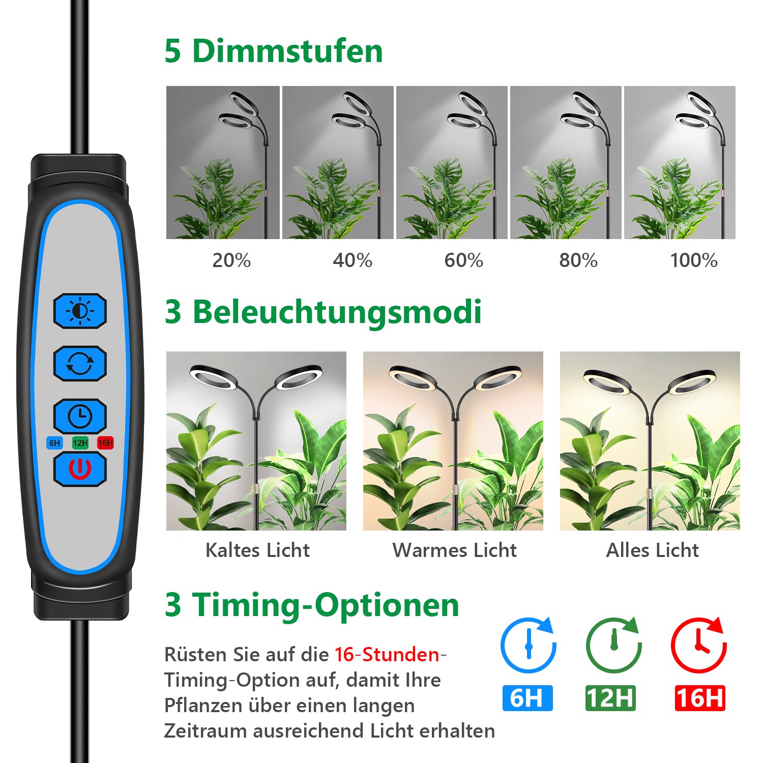Aumtrly Lámpara para plantas, 2 cabezales, 168 LED, espectro completo con soporte ajustable de 170 cm, luz vegetal de 5000 K con temporizador de 6/12/16H, 5 niveles de brillo, 3 modos de color