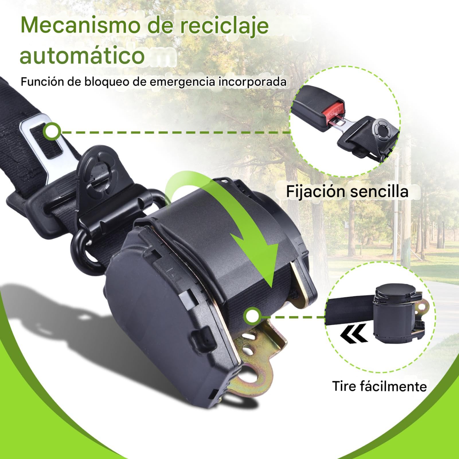 Cinturón seguridad automóvil 2 toneladas 3 puntos retráctil 300 cm certificado 3 C instalación sin herramientas, para asientos delanteros traseros – 2 piezas