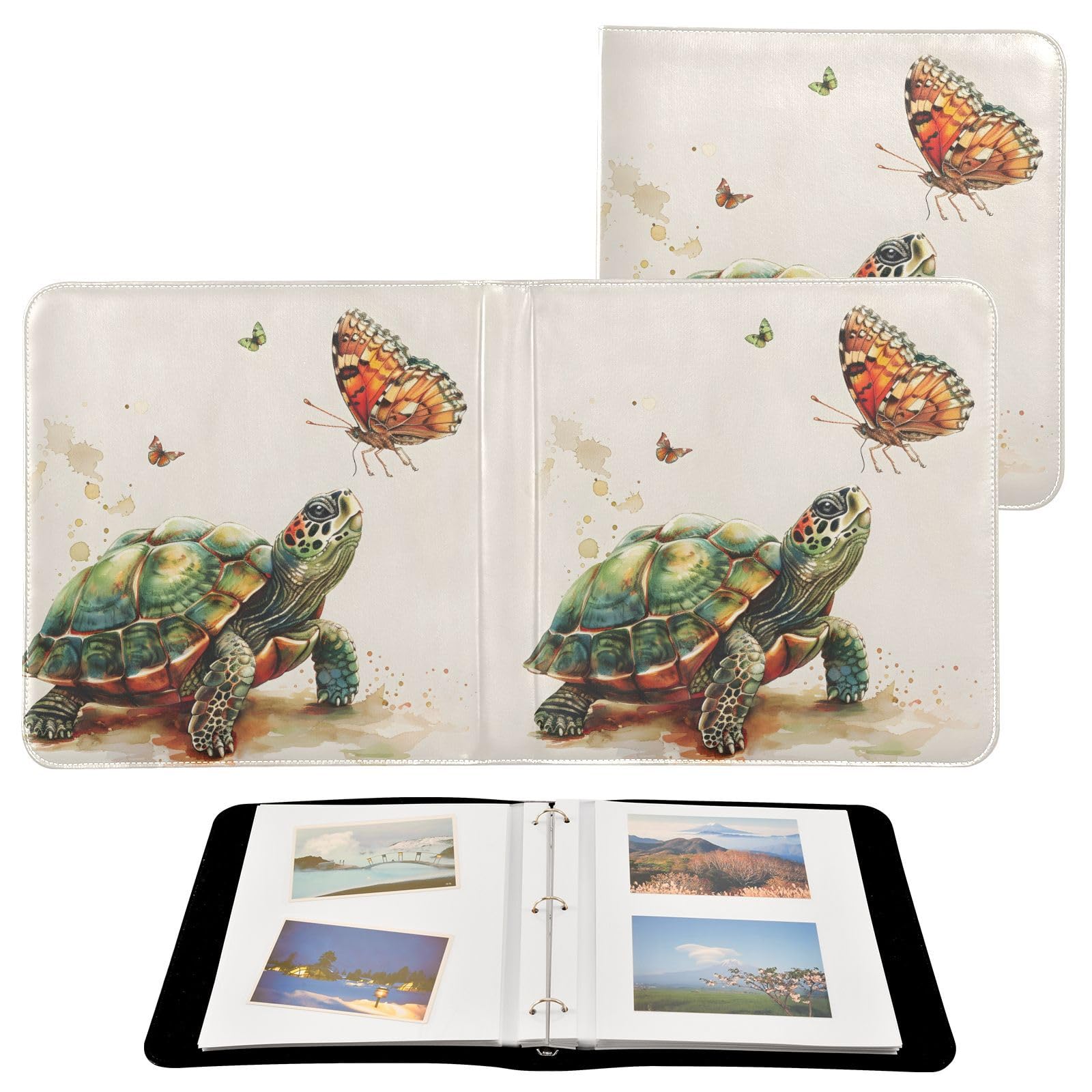 JIPONI Turtle Butterfly Large Photo Album, DIY Leather Cover Scrapbook Albums for 4x6 5x7 6x8 Pictures, Self Adhesive Memory Book for Wedding, Baby, Family