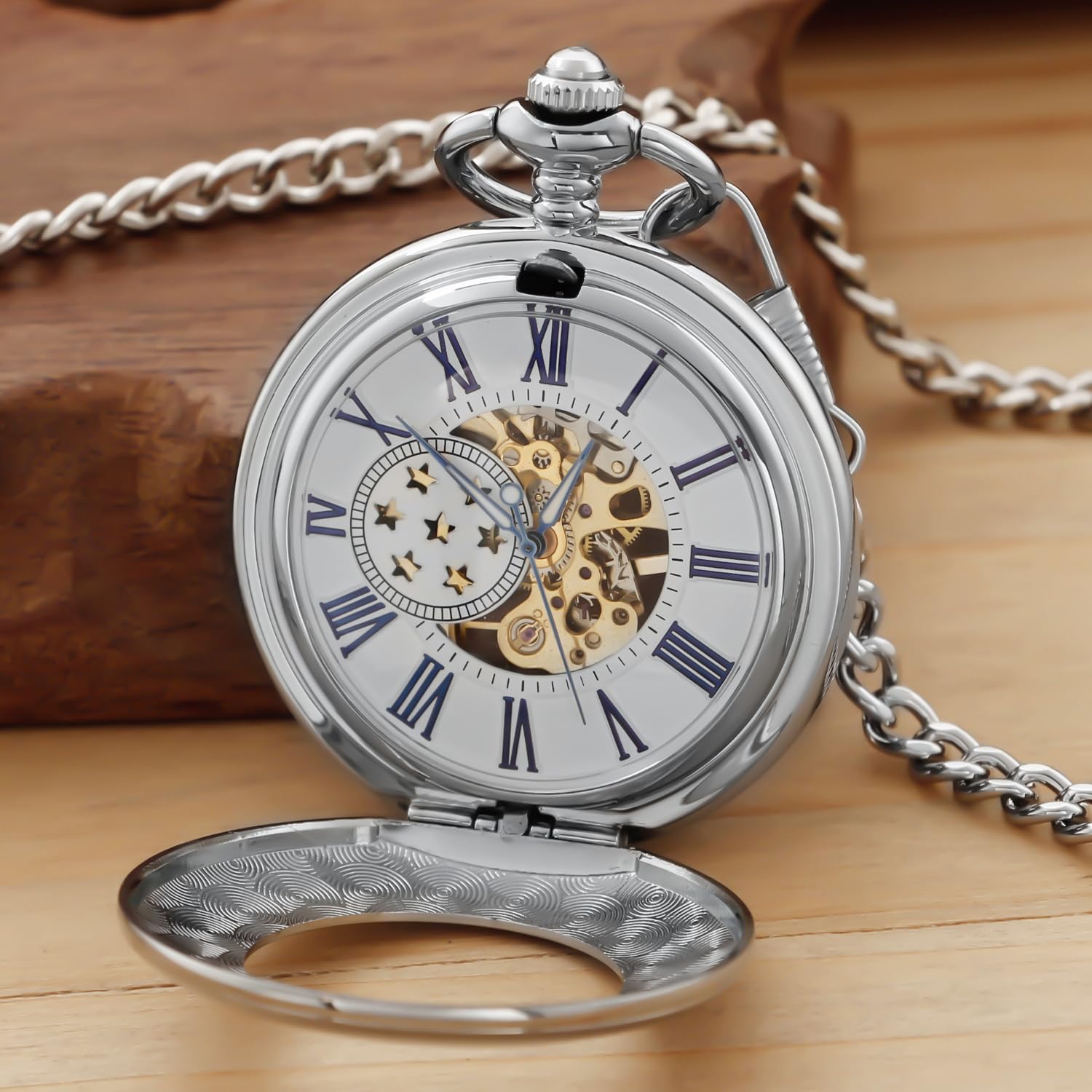 Orologio da tasca meccanico classico, in argento, con numeri romani, orologio da tasca in argento con scatola a catena, per uomo