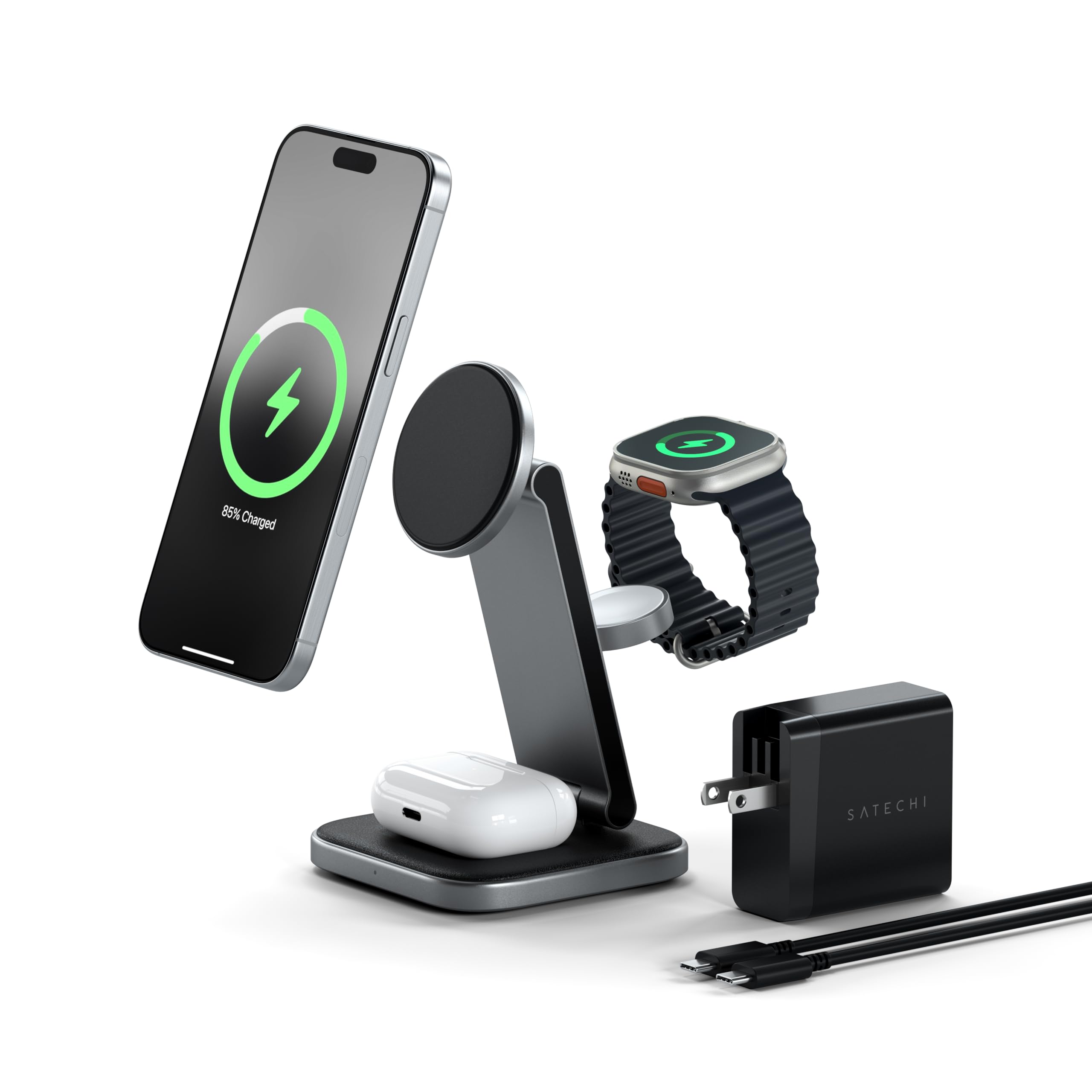 SATECHI 3 in 1 Qi2 Caricatore Wireless Pieghevole 15W | Supporto pieghevole da viaggio, compatibile con iPhone 17-12, Apple Watch e AirPods con ricarica wireless