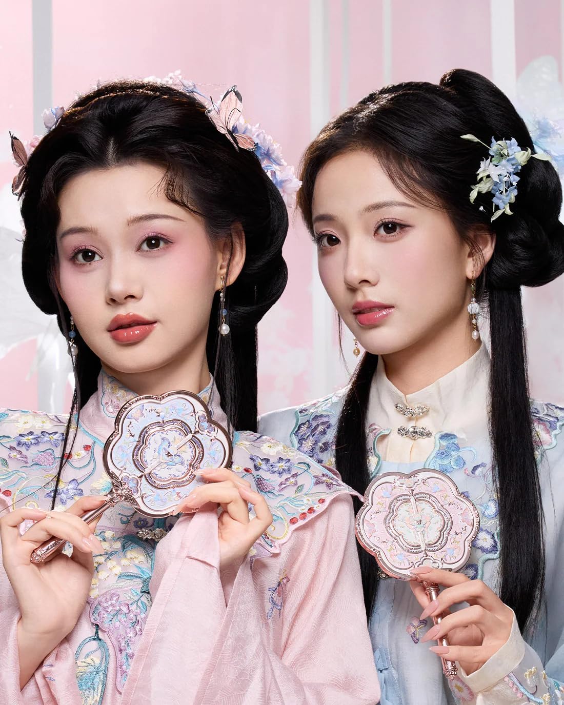 Flower Knows Butterfly Cloud Collar Hand Mirror,Vintage Chinese Round Fan Design,Fancy & Pretty Princess Handheld Mirror with Long Handle,Gift for Girls & Women(Lotus Pink)