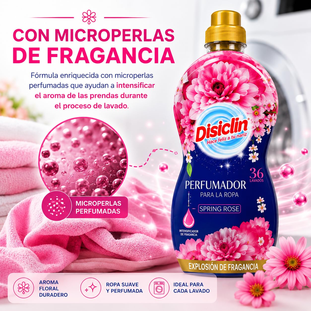 Disclin Perfumador para la Ropa Spring Rose 720 ml | Pack de 12 Unidades | Aditivo Líquido para Lavadora | Intensificador de Fragancia con Microperlas | Aroma Fresco y Duradero | RASMACOR