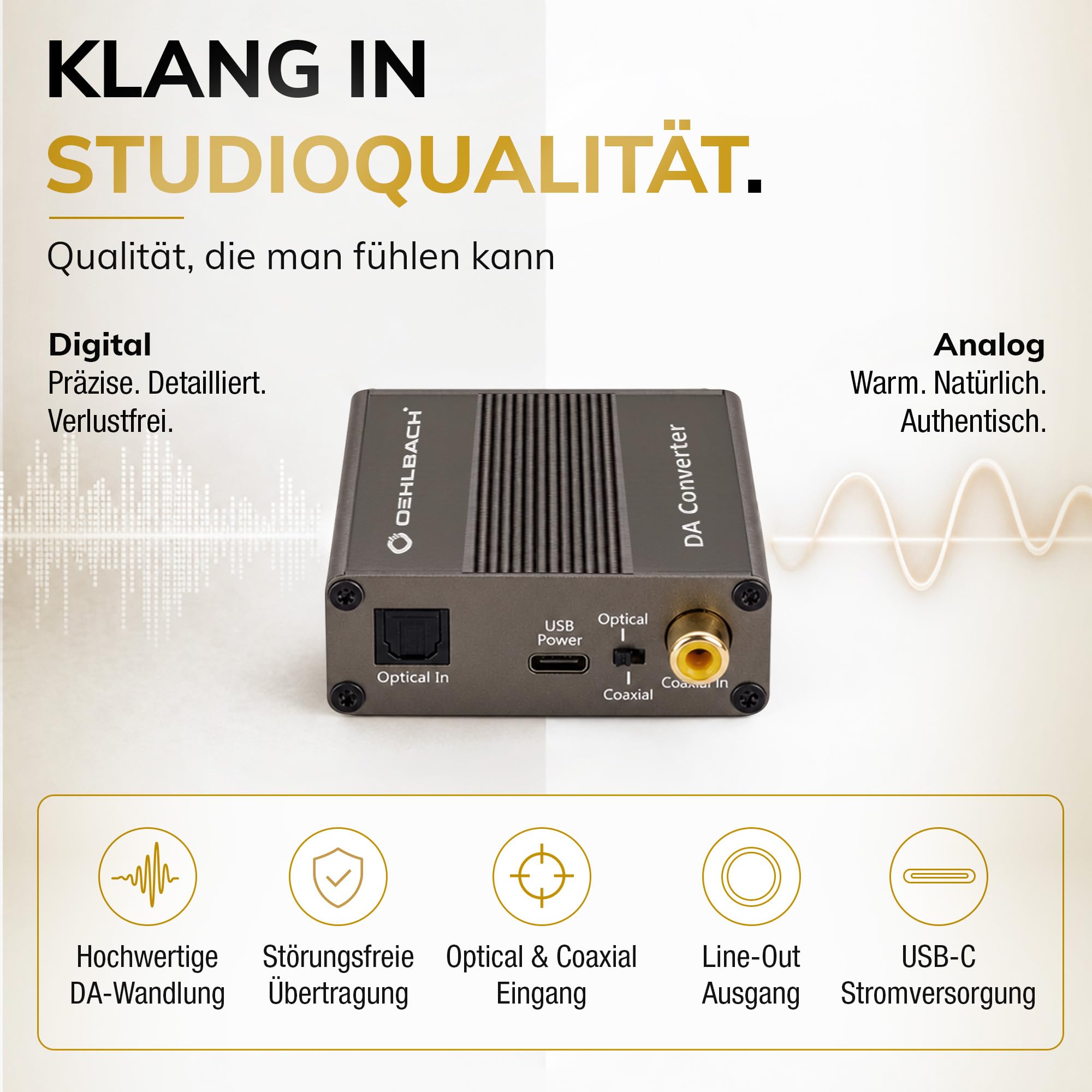 OEHLBACH Digi Bridge Convertisseur audio numérique/analogique coaxial/optique, R-L/jack, connecteur d'alimentation USB de type C, puce Cirrus Logic, marron