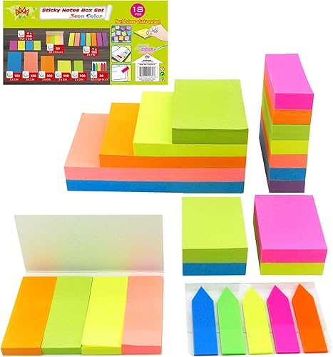 Paquete económico de notas adhesivas, colores neón surtidos de los tamaños más utilizados en una caja de PP, notas autoadhesivas, 18 blocs por caja,