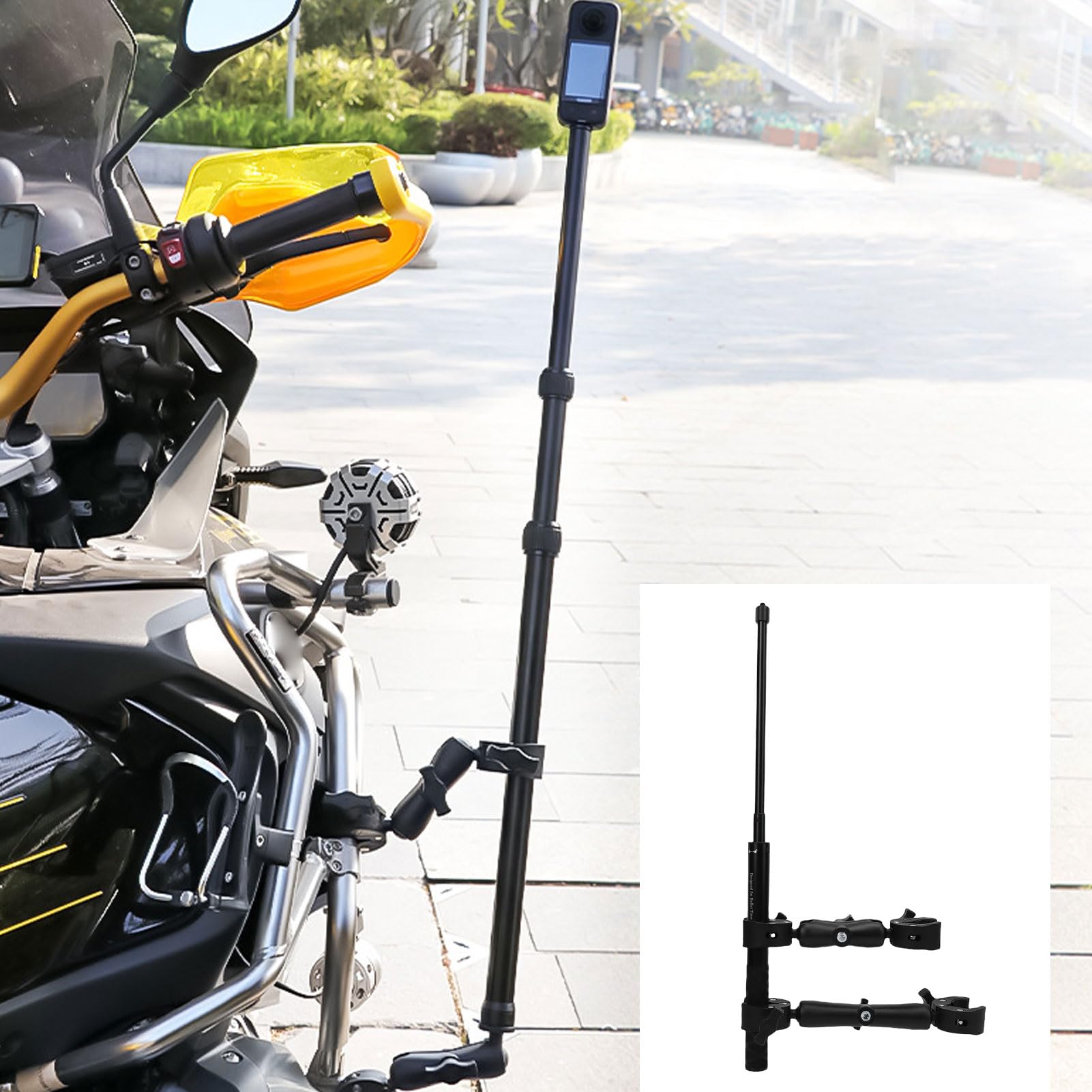 Luocute Zestaw Wspornika Kamery Motocyklowej, Podwójny Zacisk 28-115 Cm Selfie Stick dla X5 X4 X3 X2 One RS, Kompatybilny z kierownicą 0,6-1,75 Cala