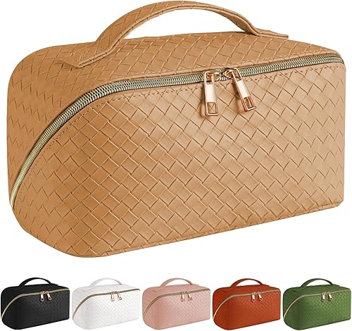 E Bolsa de cosméticos de viaje de gran capacidad, portátil, organizador de maquillaje para mujer, con asa y divisor para maquillaje plana, Beige