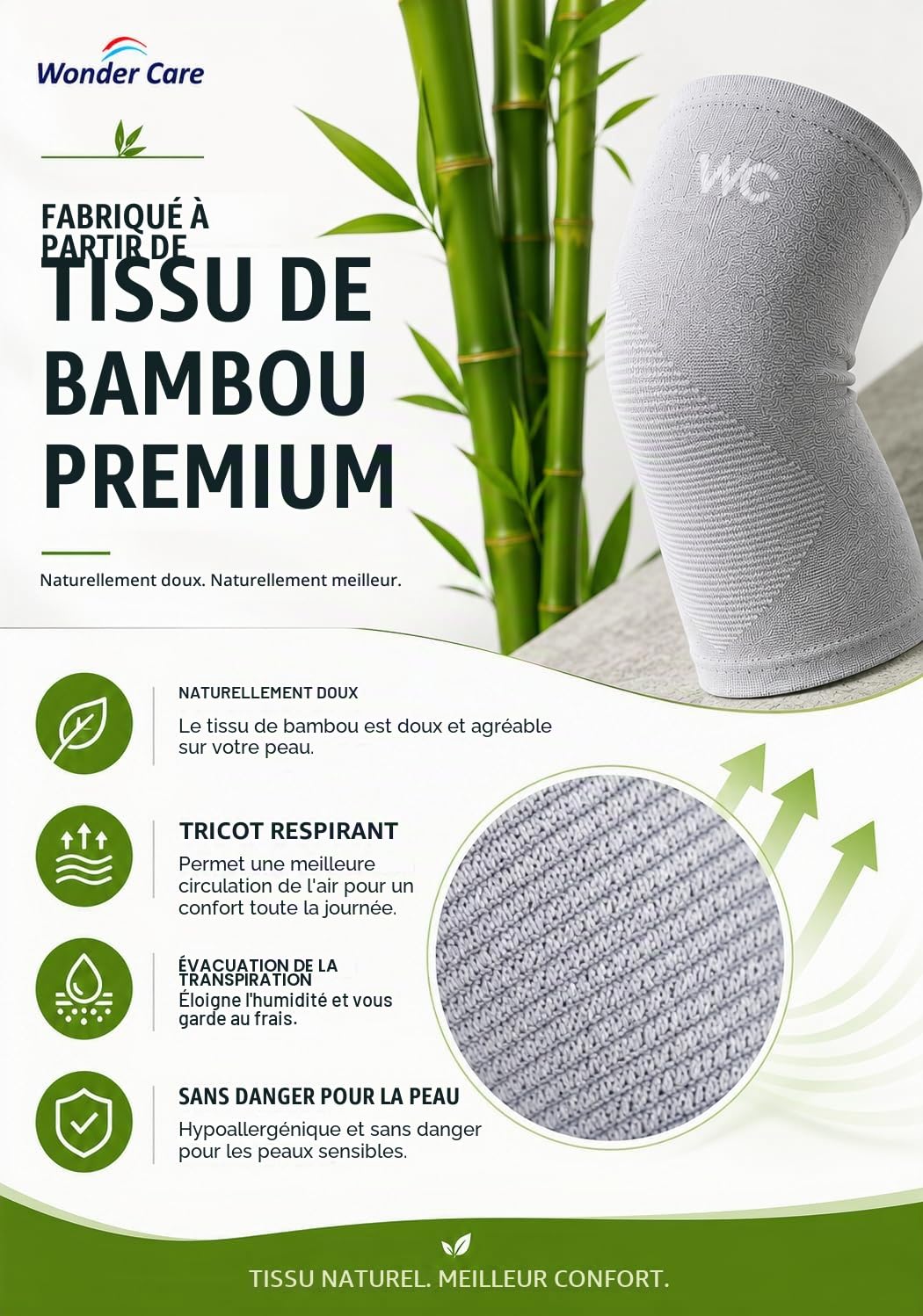 Wonder Care Genouillère en bambou noir pour homme/femme, genouillère pour la course, la gym, le badminton, le sport, genouillère de compression | Genouillère parfaite pour les douleurs au genou et un