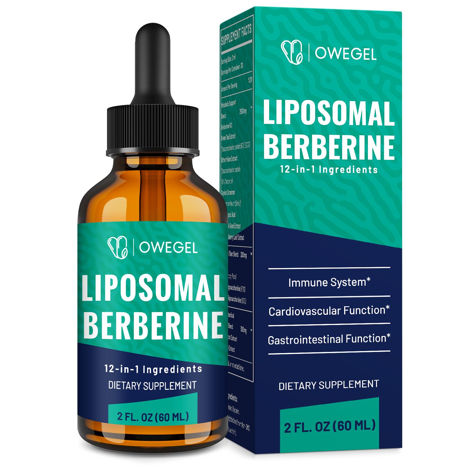 owegel Berberine HCL Supplement with Ceylon Cinnamon - Highly Absorbable Liposomal Berberine Liquid Drops 3000mg- 12 in 1 Natural Ingredients - AMPK Activator - 2 Fl Oz