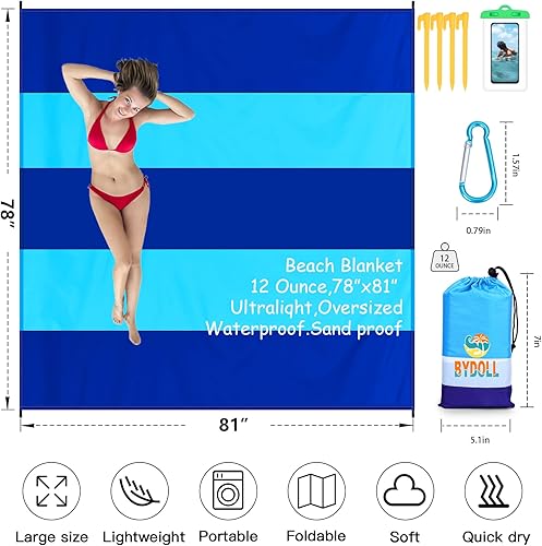 Miniatura 2 de BYDOLL Manta de playa de 78 x 81 pulgadas, impermeable, a prueba de arena, ligera, manta grande de picnic para 1-4 adultos, para playa, arena,