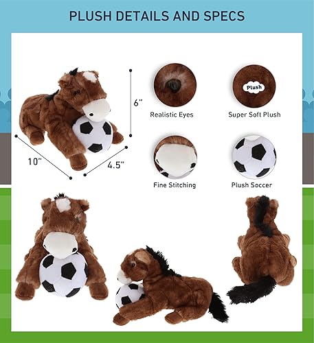 Miniatura 3 de DolliBu Animal de peluche de caballo marrón acostado con pelota de fútbol – Suave caballo abrazable adorable juguete de peluche para jugar, lindo