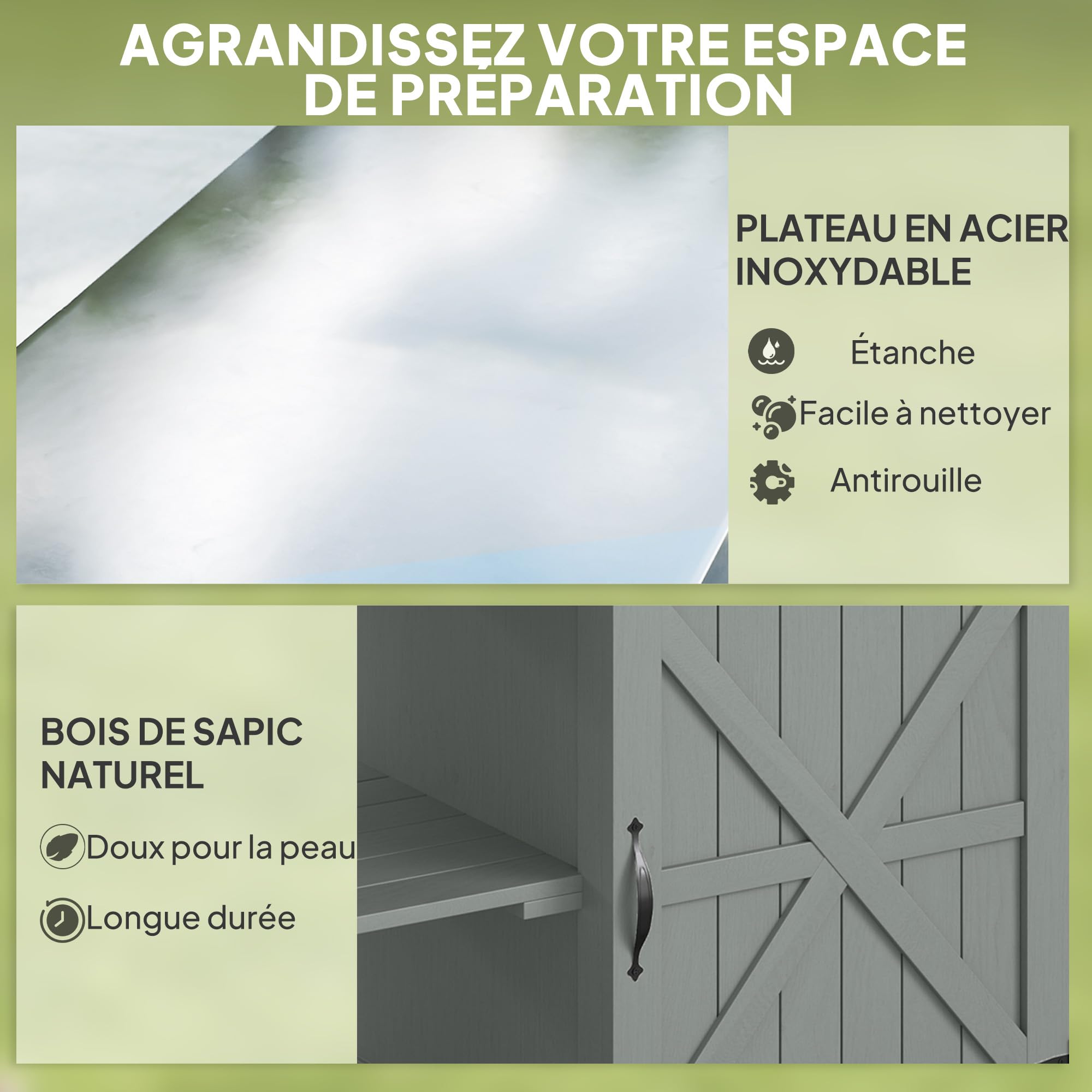 Outsunny Desserte Jardin Chariot de Barbecue sur roulettes îlot de Cuisine en Bois Plateau en Acier Inoxydable Placard étagères Ouvertes Porte-épices Porte-Serviettes décapsuleur 107x49,5x92,5cm Gris