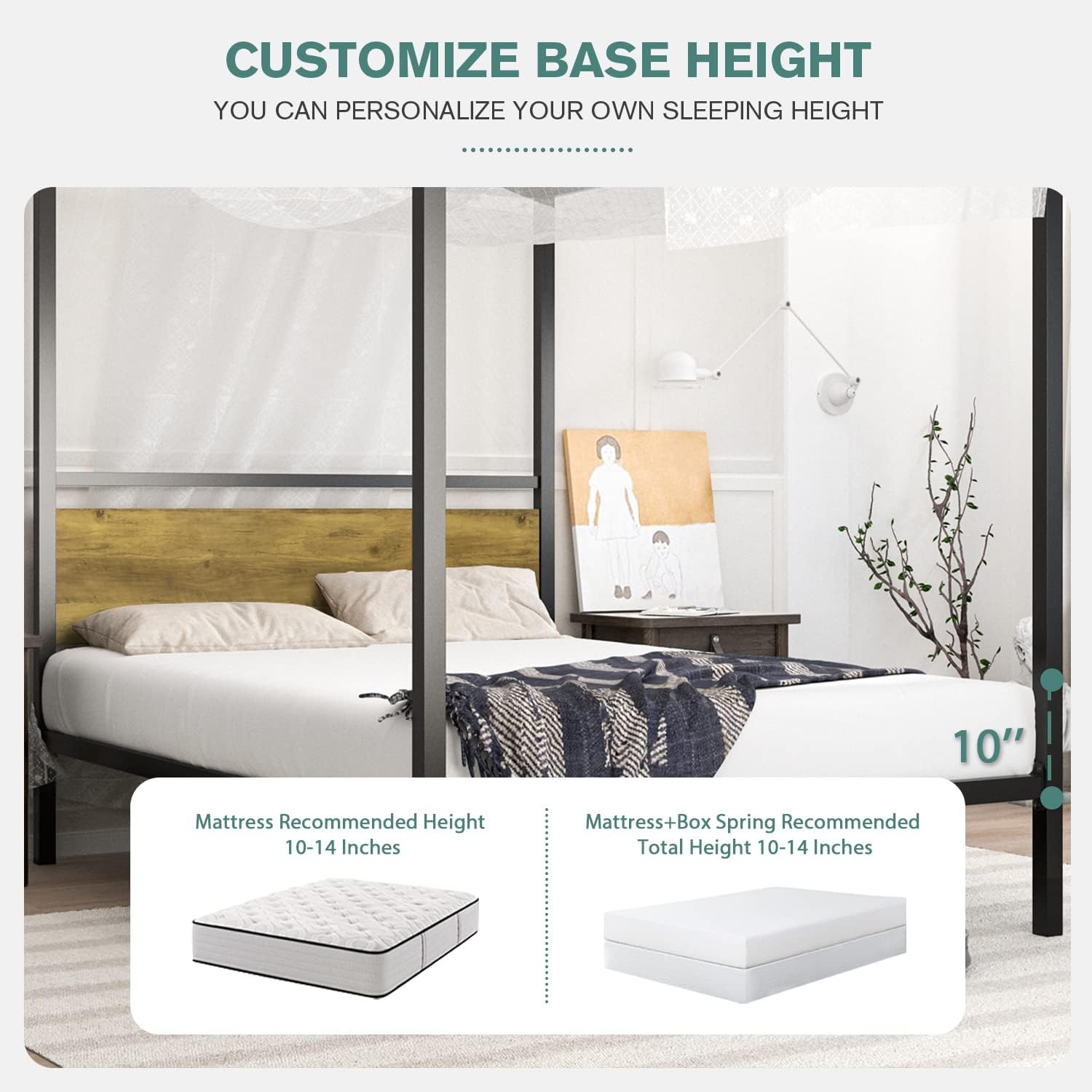 IMUsee Black Metal Canopy Platform Bed Frame, Four-Poster Canopied Bed with Wooden Headboard, 13 Wood Slats Support, No Box Spring Needed, Easy Assembly, Light Brown, Full