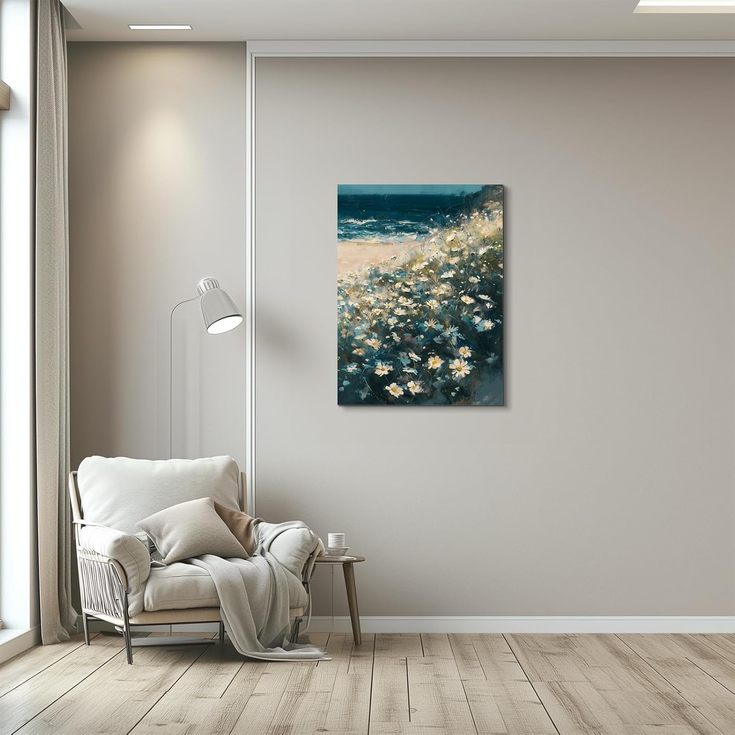 Bathroom Decor Wall Art Blue Beach Picture Ocean Theme Flower Canvas Print Modern Coastal Seascape Painting Framed Seaside Artwork Floral Daisy in Indian Vase for Home Sea Lake Bedroom 16x24 inches