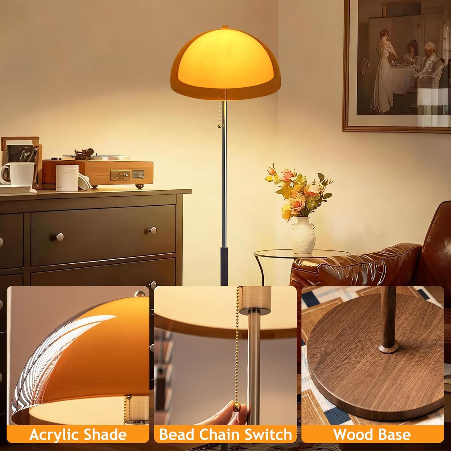 Mushroom Floor Lamp 60" Orange Floor Lamp Mid Century Globe Acrylic Standing Lamp with E26 3-Color Dimmable MCM Wood Tall Light for Living Room Bedroom Study Dining Room(Includes Bulb)