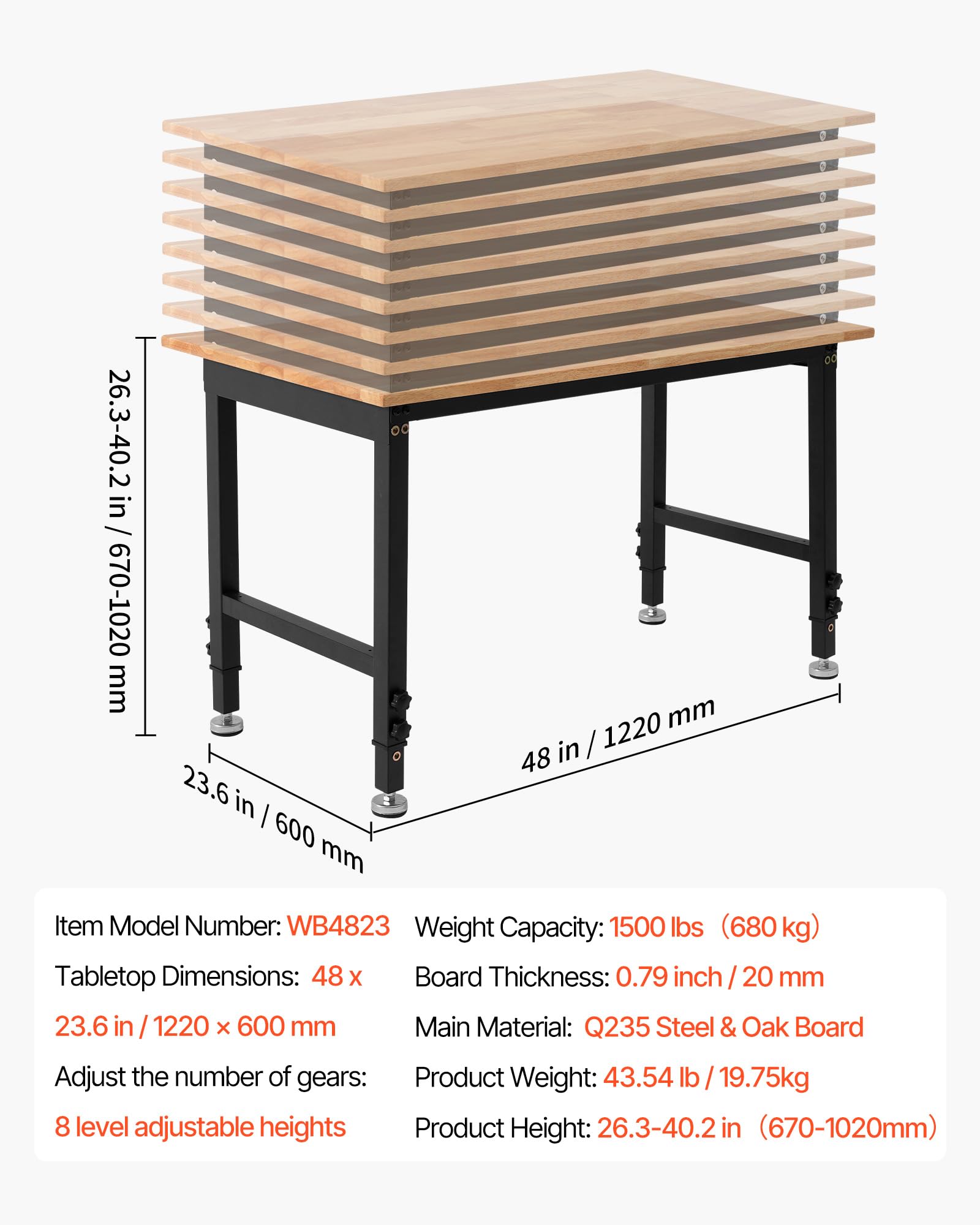VEVOR Werkbank, 680 kg, Werkstatttisch 122x60 cm große Arbeitsplatte aus Eichenholz, Arbeitstisch mit 67–102 cm Höhenverstellung, Werktisch für Garage, Werkstatt, Zuhause, Büro & Gewerbe
