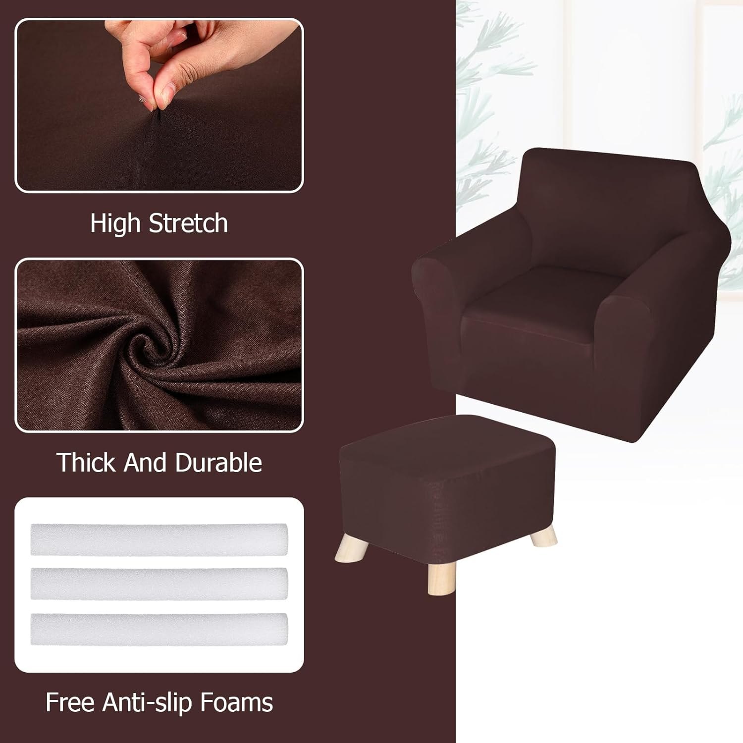 HunnmingRe Chair and Ottoman Covers Slipcover Set Armchair Cover T Cushion Chair Slipcover Milk Silk Sofa Furniture Protector Couch Soft for Armchair Ottoman (Brown)