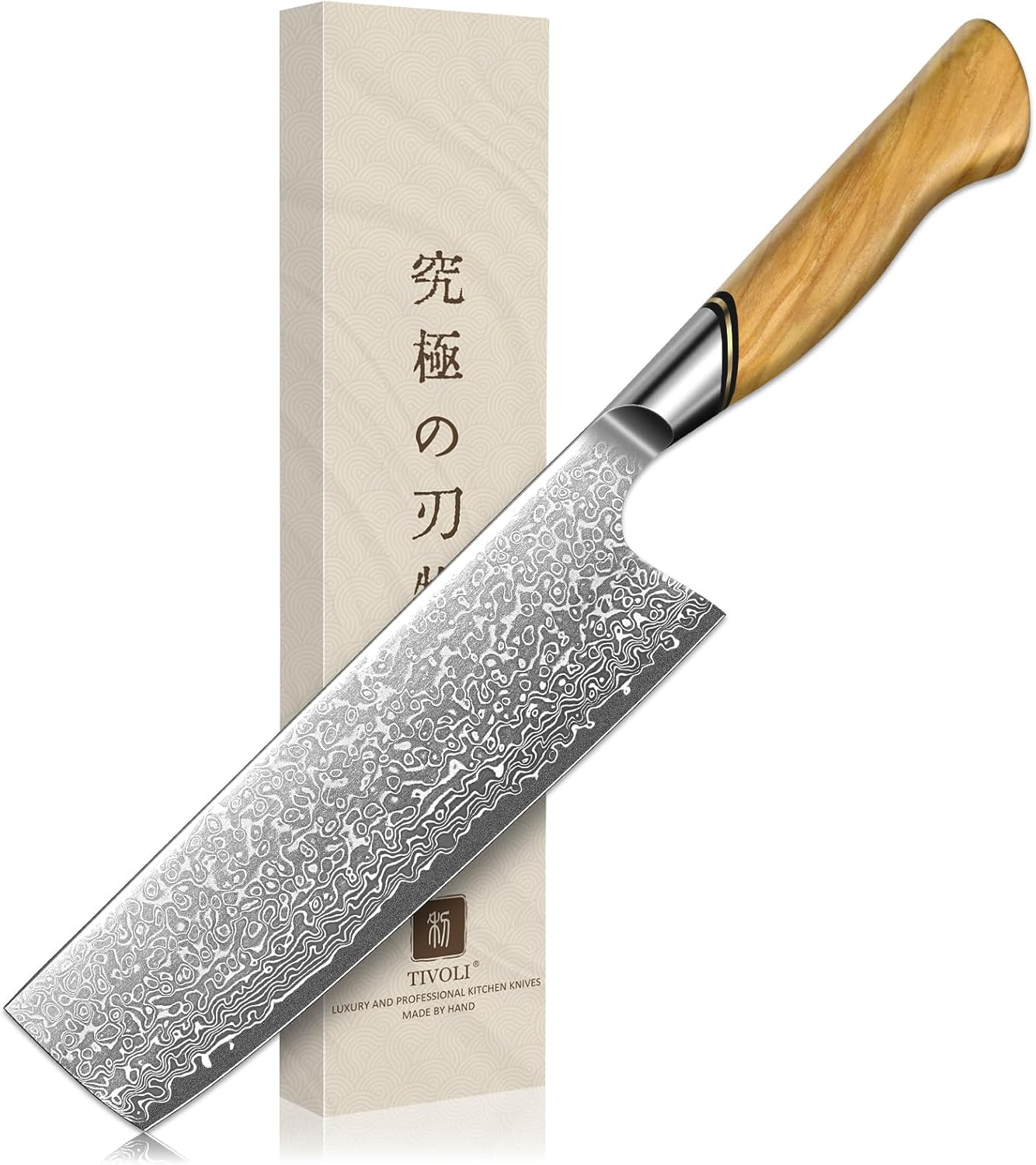 TIVOLI Damascus Nakiri Knife 6.5 Inch  Japanese VG-10 Multipurpose Kitchen Knife for Vegetables and Meat with Ergonomic Olive Wood Handle, Gift for Mom & Dad