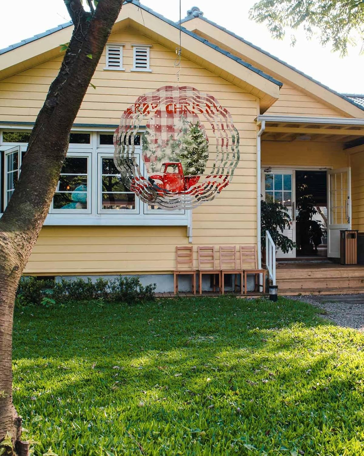 Merry Christmas Wind Spinners, Xmas Tree Red Truck Snowflake Buffalo Plaid Hanging Wind Spinners for Yard and Garden 3D Stainless Steel Metal Sculptures Crafts Ornaments 12 Inch