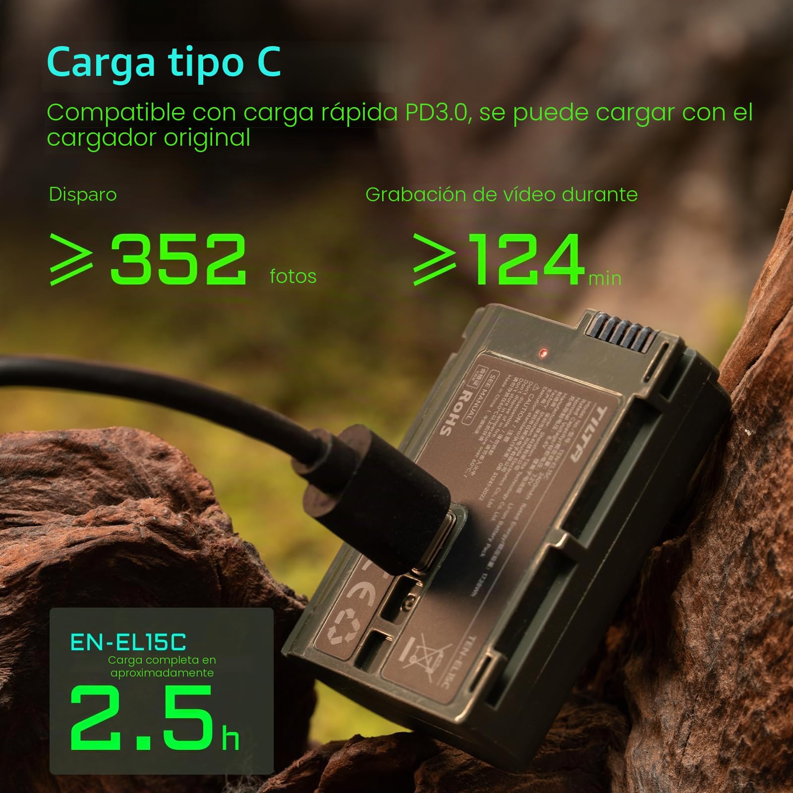 Batería Recargable Tilta EN-EL15C con Entrada USB-C (2400 mAh) | Compatible con Nikon Z8, Zf, Z7II, Z6II, Z7, Z6, Z5, D850, D810, D750, D610, D500, D7500, D7200 TEN-EL15C-GN
