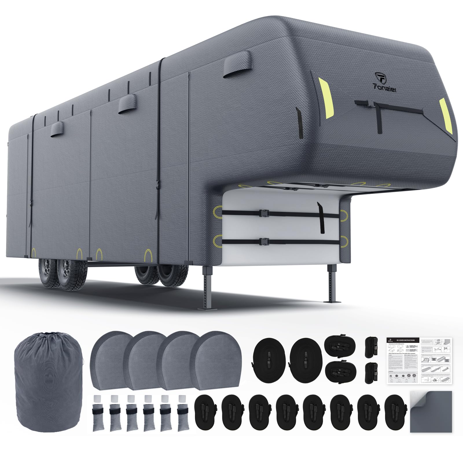 5th Wheel RV Cover 37-40ft, 7 Layer Top Heavy Duty 5th Wheel Cover, Extra-Thick Waterproof Windproof Anti-UV Rip-Stop Camper Cover with 2Pcs Extra Straps, 6 Gutter Covers & 4 Tire Covers