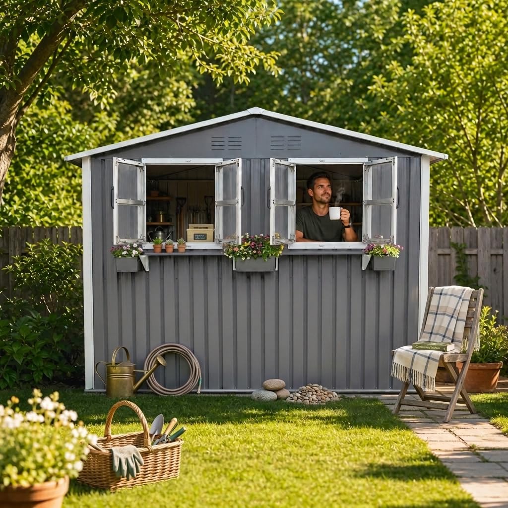 Casetta da giardino in acciaio zincato, 4,33 m², 276 x 182 x 198 cm, con 2 finestre, doppie porte chiudibili e scaffale per fiori, resistente alle intemperie, grigio (grigio, 1,8 x 2,7 m)