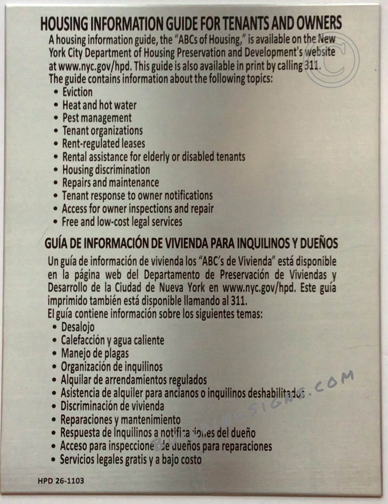 HPD NYC HOUSING INFORMATION GUIDE- ABC OF HOUSING SIGN (SILVER 8.5X11 INCH,DOUBLE SIDED TAPE, RUST FREE, ALUMINIUM)-The Poo Line