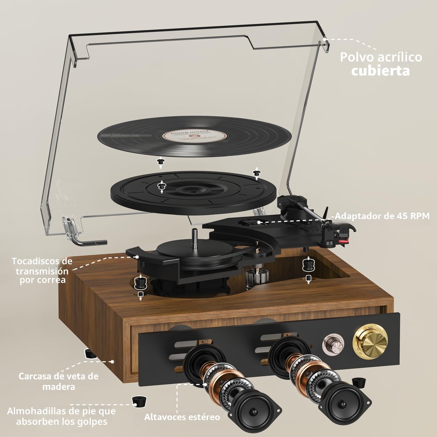 FYDEE Tocadiscos de Vinilo con USB para Grabación y Reproducción, Bluetooth Bidireccional, Altavoces Integrados y Compatibilidad 33/45/78 RPM, Auto Stop y Tapa Antipolvo - Teca