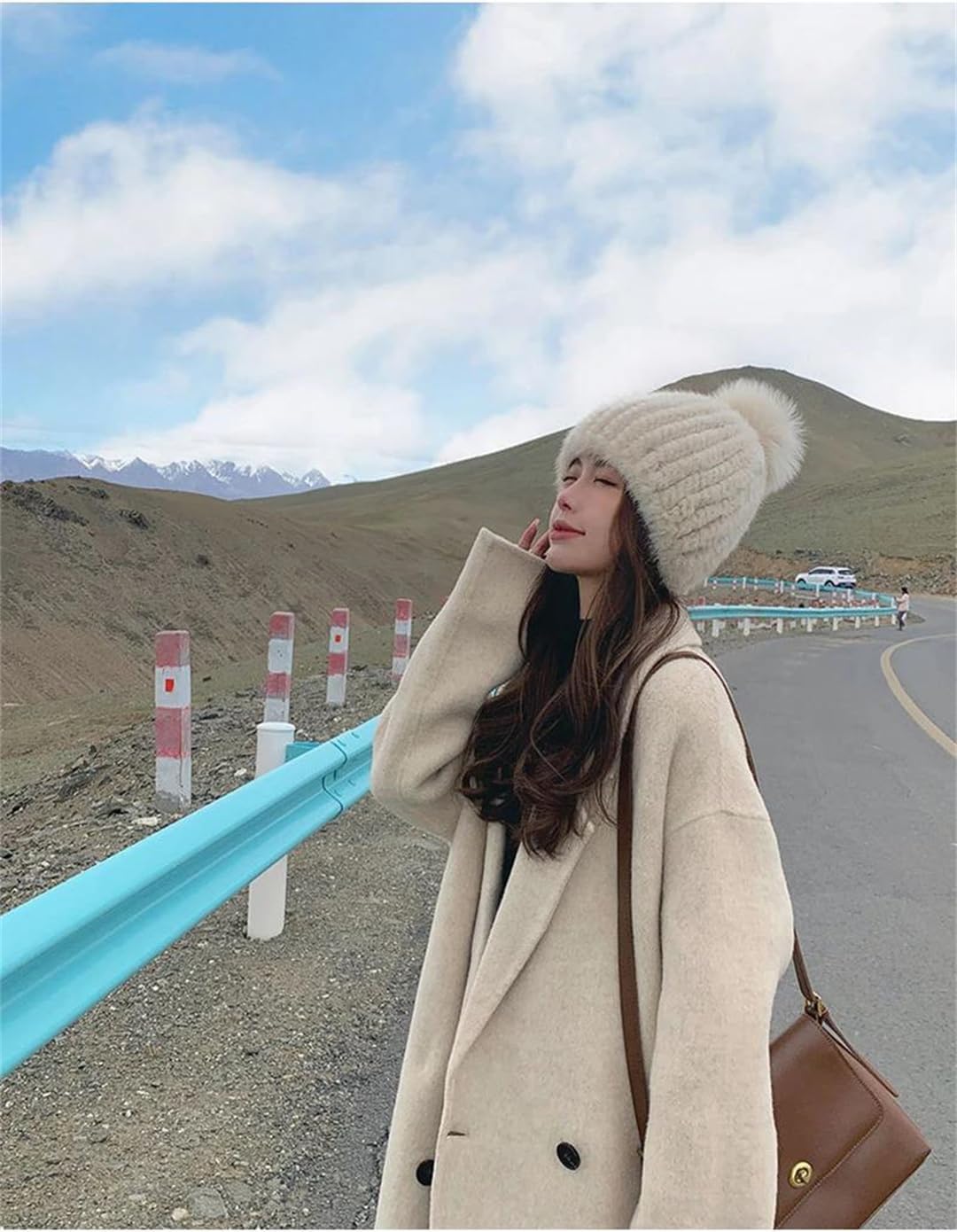 Women Mink Fur Thicken Fur Knitted with Pompoms Beanies Hat Caps