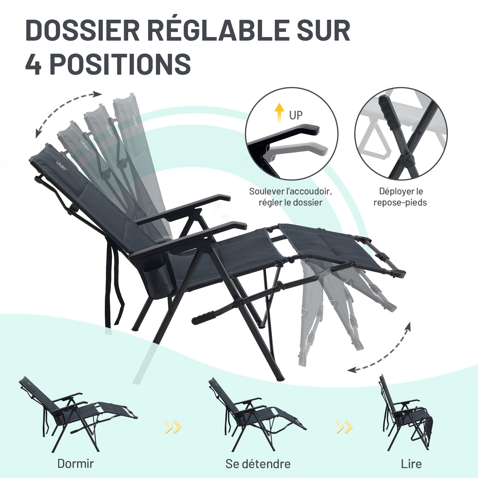TIMBER RIDGE Chaise de Camping Pliable avec Repose-Pieds Dossier inclinable | Fauteuil longue pliante Assise rembourrée confortable, charge 150kg, pour le camping, le jardin, le balcon et le camping-car