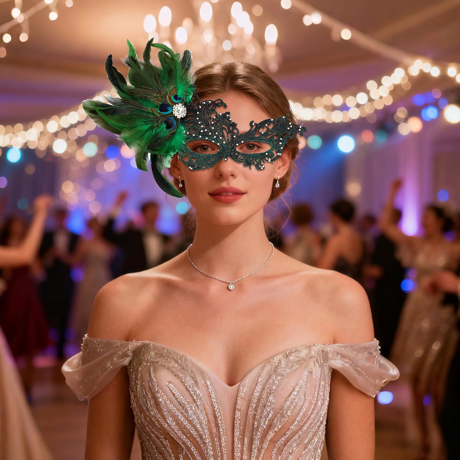 JewelryWe Peacock Feather Masquerade Mask: Women’s Lace Half Face Venetian Mardi Gras Masks for Halloween Prom Ball Party - Image 2