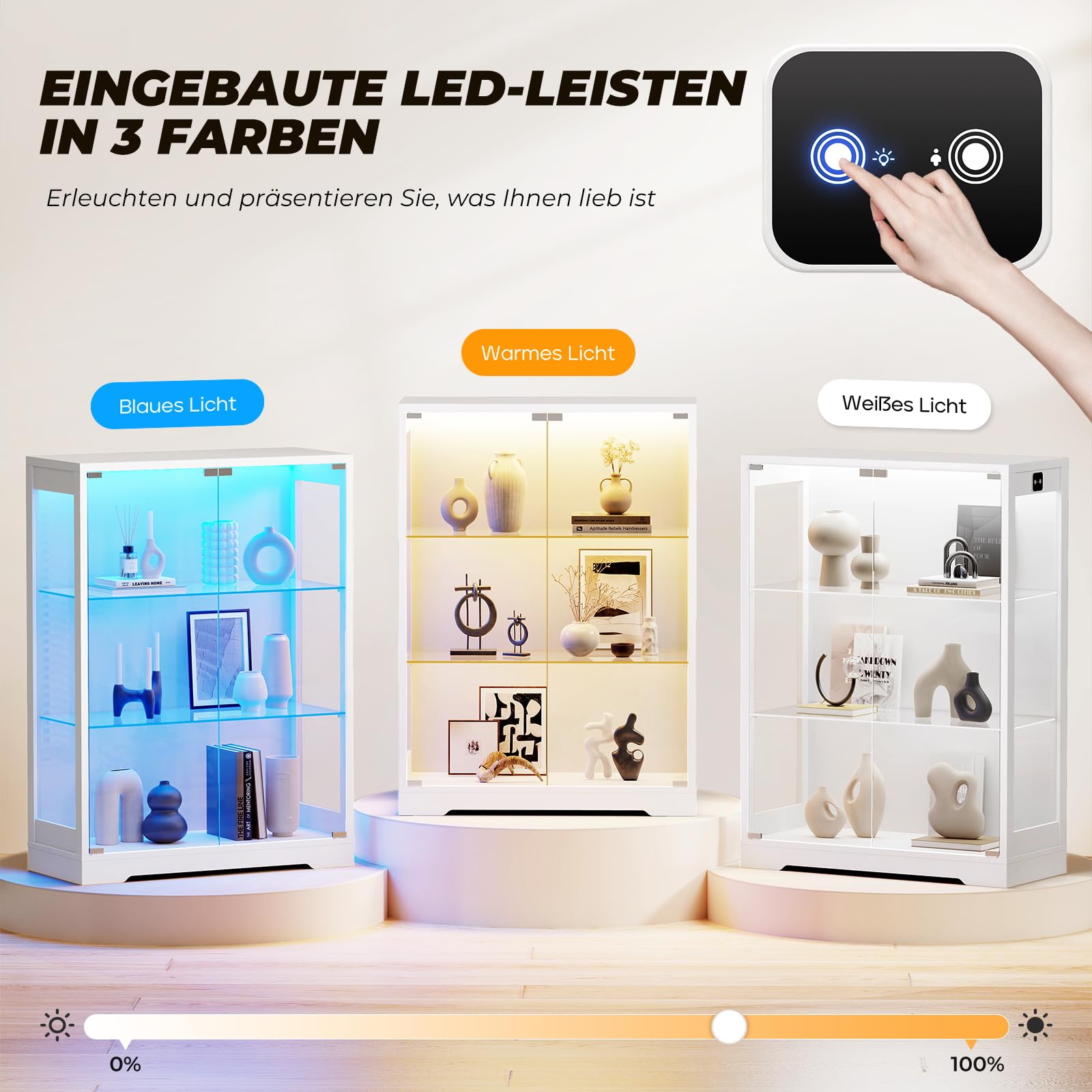 BROTTAR Vitrine mit Glastüren und 3-Farbiger LED-Beleuchtung