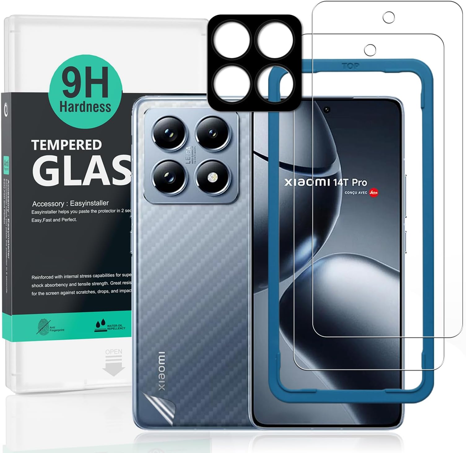 Screen Protector For Xiaomi 14T Pro 5G 6.67"(2 Pack),9H Hardness Tempered Glass,With 1Pc Camera Lens Protector,1Pc Back Carbon Fiber Film,Easy to Install
