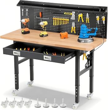 ENJOYWOOD 60" x 22" Heavy Duty Workbench Adjustable Height Garage Work Table with Solid Rubberwood Top, Wheels, Drawers, Pegboards & Power Outlets for Workshop, Home & Office