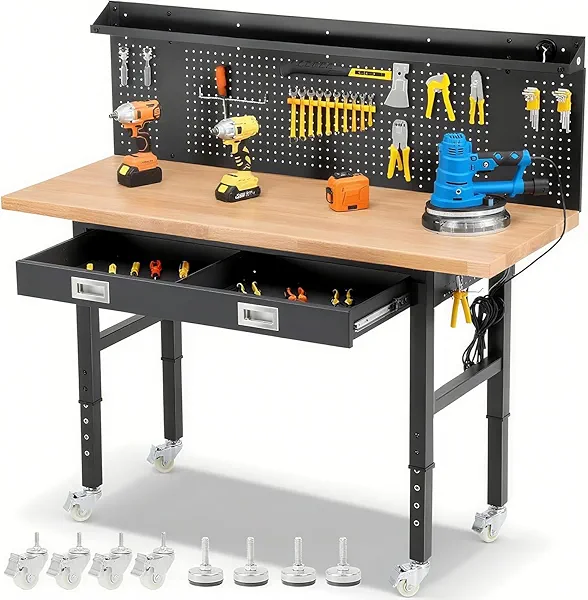 ENJOYWOOD Workbench with Wheels 60 Inch Heavy Duty Rubberwood Tabletop Work Bench for Garage Adjustable Height Work Table with Pegboard, Drawers, Power Outlets for Woodworking, Home, Office, Workshop