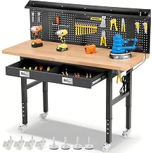 ENJOYWOOD 152cm Heavy Duty Rubber Workbench with Wheels for Garage, Height-Adjustable Work Table with Board, Drawers, Sockets for