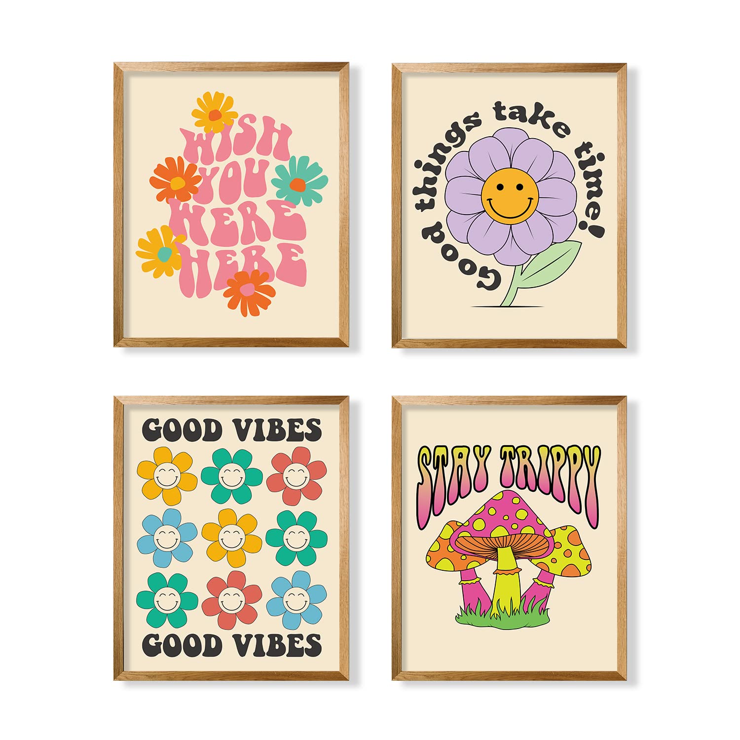 Cool Vintage Happy Smile Faces Picture - Retro Cute Poster - Postive Quotes Wall Art Print - Hippie Indie Kidcore Room Decor - 60s 70s 80s Groovy Mushroom Decoration - Stay Trippy Good Vibe Aesthetic