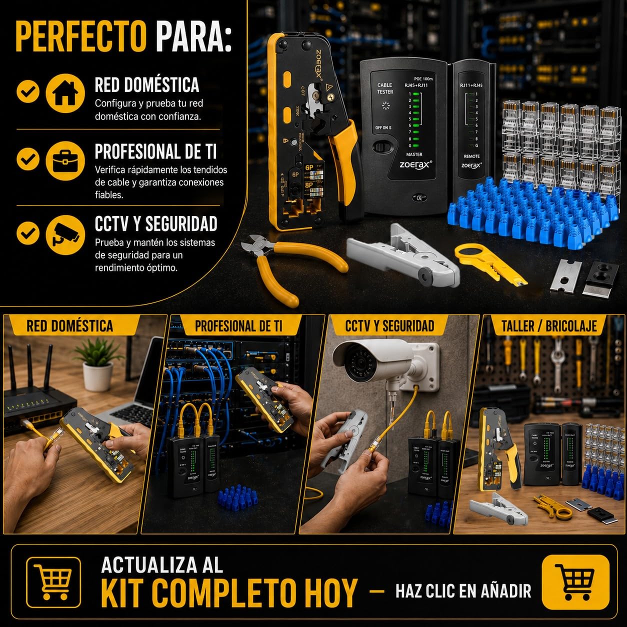 Kit de herramientas de paso RJ45 para Cat7, Cat6 y Cat5. Incluye comprobador de cables, pelacables, cortadores, 50 conectores Cat6 y botas de descarga, herramientas de red Ethernet para manualidades