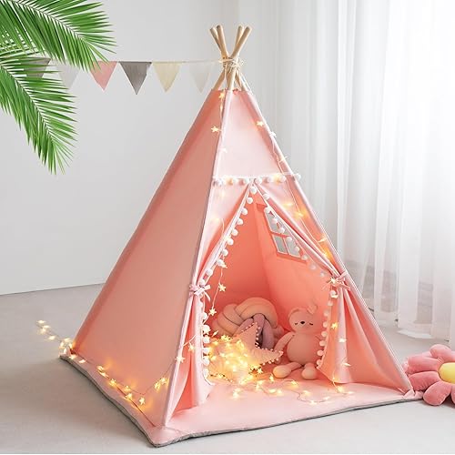 Miniatura 8 de Tienda de campaña tipi para niños con alfombra, luces de estrella, funda de transporte, casa de juegos de lona de algodón, tiendas de campaña
