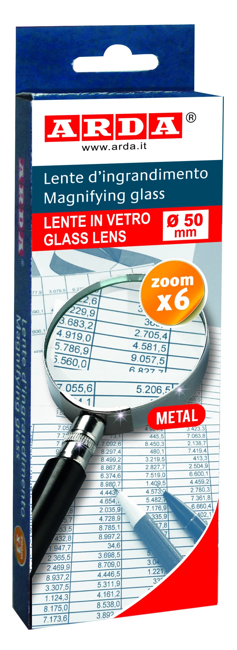 Arda Lupa - klasyczna lupa powiększająca ze szkłem optycznym, powiększenie z 6-krotnym zoomem, średnica soczewki 50 mm