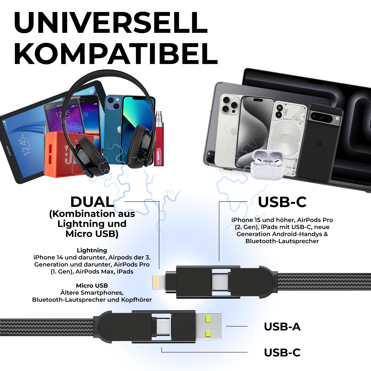 Rolling Square inCharge X - Schlüsselanhänger mit USB-C-Kabel, Universal-Smartphone-Kabel, Geschenk für Männer, 6-in-1-Universalladegerät für Smartphones, Schwarz, Lightning-Kabel 100 W, Multipack 3X