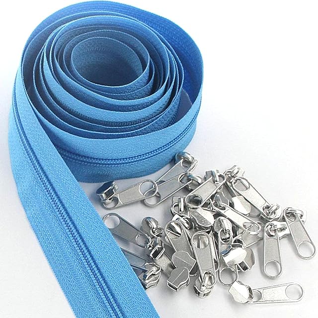 #3 Blue Nylon Coil Zippers by The Yard Bulk 10 Yards with 25pcs Silver Sliders for DIY Sewing Tailor Craft Bag Leekayer(Blue)